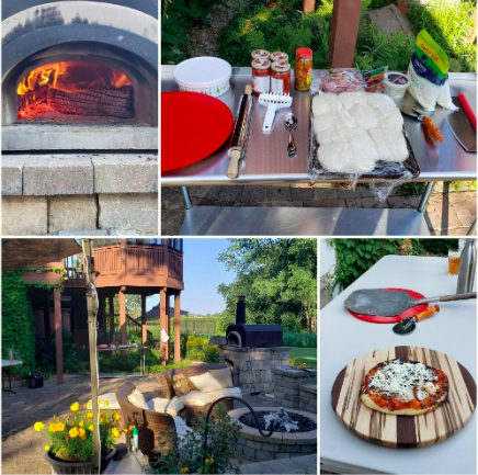 multiple images of Dan's pizza brick oven with the supplies needed to make a pizza