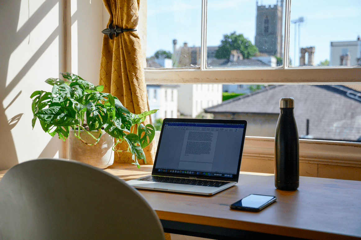 computer, water bottle, and plant sitting on a desk from an employee working from home